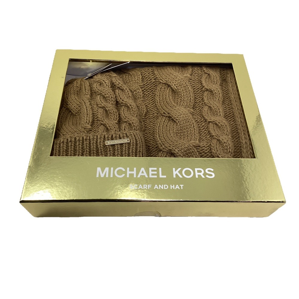 Michael Kors MK Womens Cable Knit Cuff Beanie Hat Scarf Camel Tan Gift Box Set